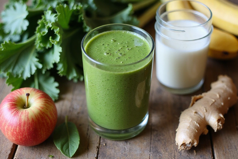 Mesa llena de ingredientes para un batido verde saludable, como espinacas, plátano, manzana y jengibre.