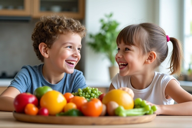 Niños riendo mientras comen frutas y verduras, promoviendo la nutrición infantil.
