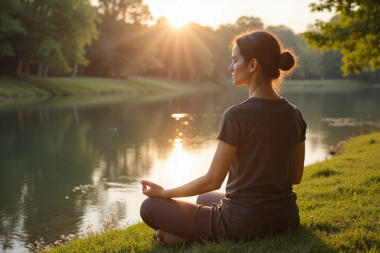 Persona meditando en un entorno tranquilo, conectando la nutrición con el bienestar mental.